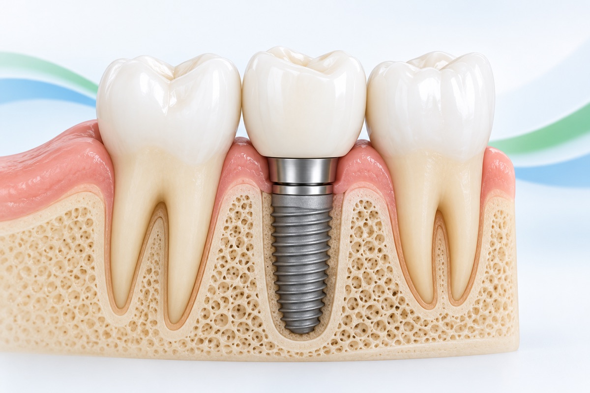Illustrazione schematica di un impianto dentale con corona, componente di collegamento e vite inserita nell’osso